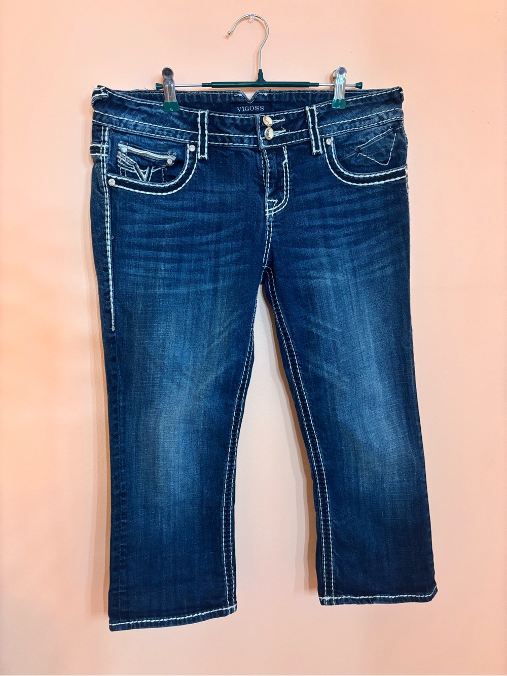 Vigoss Deep Indigo Cropped Bootcut Jeans with White Contrast Stitching